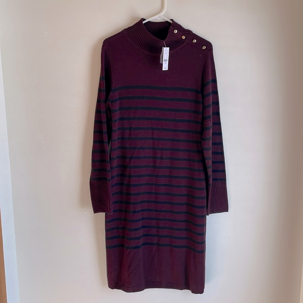 Striped, sweater dress with dressy button accent, perfect paired with knee boots